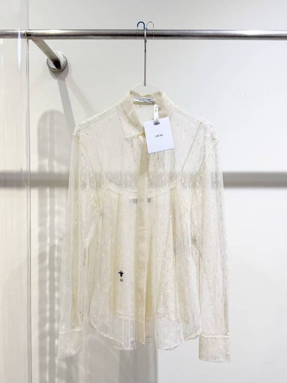 🚩steal Dior Sheer Lace Long-Sleeve Blouse in Cream
